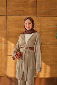 Bel Bağlamalı Kimono Takım Vizon