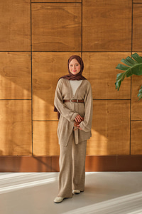 Bel Bağlamalı Kimono Takım Vizon