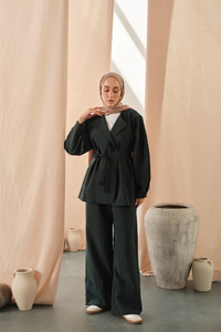 Bel Bağlamalı Kimono Takım Zümrüt Yeşil