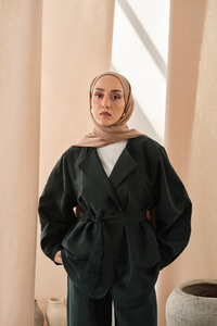 Bel Bağlamalı Kimono Takım Zümrüt Yeşil