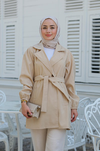 Bel Bağlamalı Kısa Trenç Krem