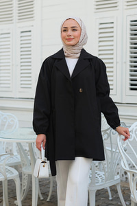 Bel Bağlamalı Kısa Trenç Siyah