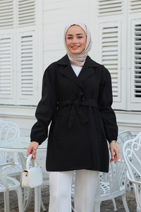 Bel Bağlamalı Kısa Trenç Siyah