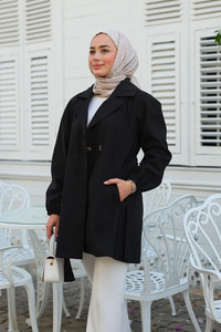 Bel Bağlamalı Kısa Trenç Siyah