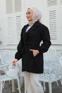 Bel Bağlamalı Kısa Trenç Siyah