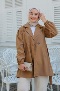 Bel Bağlamalı Kısa Trenç Vizon