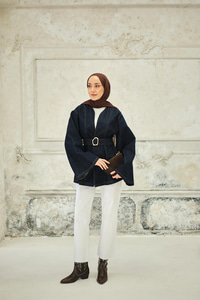 Bel Bağlamalı Kot Ceket Mavi