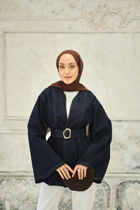 Bel Bağlamalı Kot Ceket Mavi