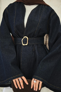 Bel Bağlamalı Kot Ceket Mavi