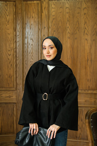 Bel Bağlamalı Kot Ceket Siyah