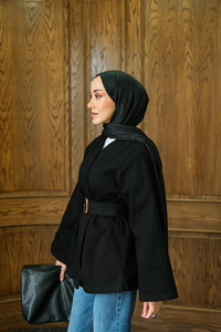 Bel Bağlamalı Kot Ceket Siyah