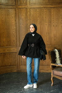 Bel Bağlamalı Kot Ceket Siyah