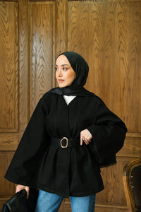 Bel Bağlamalı Kot Ceket Siyah