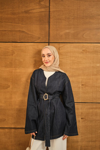 Bel Bağlamalı Kot Kimono Lacivert