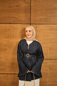 Bel Bağlamalı Kot Kimono Lacivert