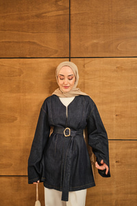 Bel Bağlamalı Kot Kimono Lacivert