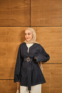 Bel Bağlamalı Kot Kimono Lacivert