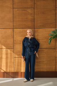 Bel Bağlamalı Kot Takım Mavi