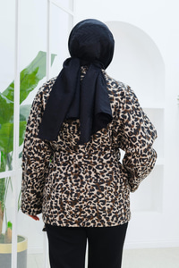 Bel Bağlamalı Leopar Desen Kaban Kahverengi