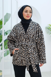 Bel Bağlamalı Leopar Desen Kaban Kahverengi