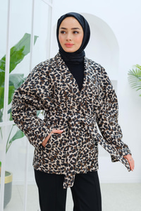 Bel Bağlamalı Leopar Desen Kaban Kahverengi