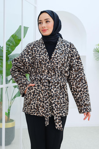Bel Bağlamalı Leopar Desen Kaban Kahverengi