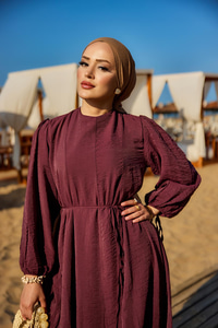 Bel Bağlamalı Loced Elbise Mürdüm