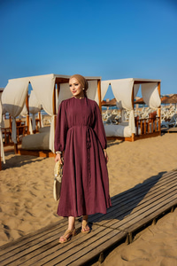 Bel Bağlamalı Loced Elbise Mürdüm