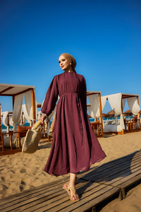 Bel Bağlamalı Loced Elbise Mürdüm