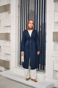 Bel Bağlamalı Midi Boy Kot Trenç Lacivert