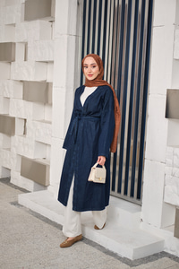 Bel Bağlamalı Midi Boy Kot Trenç Lacivert