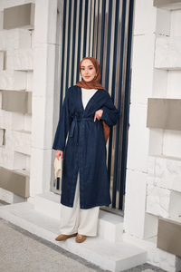 Bel Bağlamalı Midi Boy Kot Trenç Lacivert