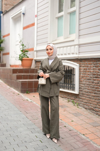 Bel Bağlamalı Müslin Takım Haki Yeşil