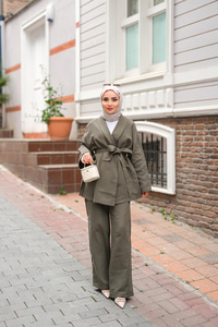 Bel Bağlamalı Müslin Takım Haki Yeşil