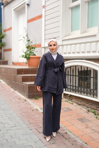 Bel Bağlamalı Müslin Takım Lacivert