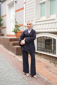 Bel Bağlamalı Müslin Takım Lacivert