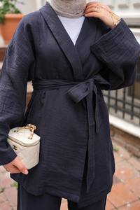 Bel Bağlamalı Müslin Takım Lacivert