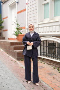 Bel Bağlamalı Müslin Takım Lacivert