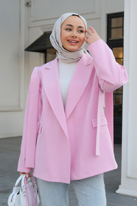 Bel Bağlamalı Omuz Vatkalı Ceket Pembe