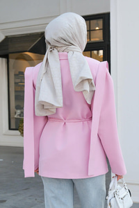 Bel Bağlamalı Omuz Vatkalı Ceket Pembe