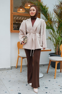 Bel Bağlamalı Omuz Vatkalı Ceket Taş