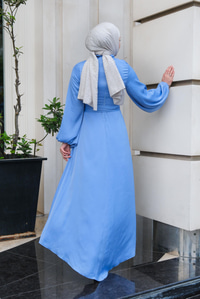 Bel Bağlamalı Önü Fermuarlı Elbise  Bebe Mavi