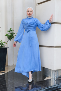 Bel Bağlamalı Önü Fermuarlı Elbise  Bebe Mavi