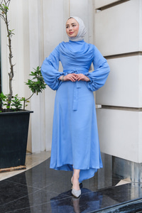 Bel Bağlamalı Önü Fermuarlı Elbise  Bebe Mavi