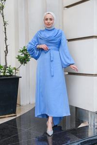 Bel Bağlamalı Önü Fermuarlı Elbise  Bebe Mavi