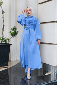 Bel Bağlamalı Önü Fermuarlı Elbise  Bebe Mavi