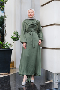 Bel Bağlamalı Önü Fermuarlı Elbise  Yağ Yeşil