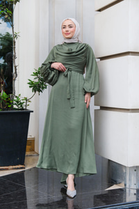 Bel Bağlamalı Önü Fermuarlı Elbise  Yağ Yeşil