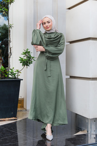 Bel Bağlamalı Önü Fermuarlı Elbise  Yağ Yeşil