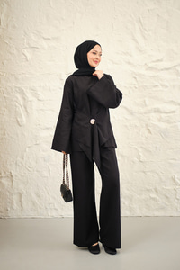 Bel Bağlamalı Pantolonlu Takım Siyah